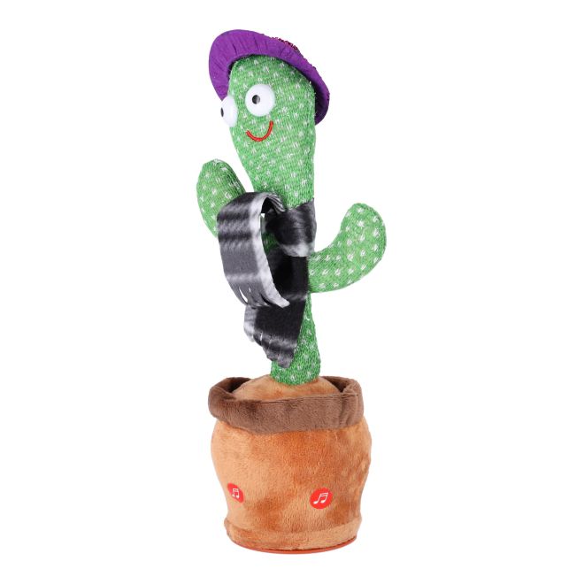 Dětská hračka - Tančící kaktus - s černou kostkovanou šálou a fialovým kloboukem