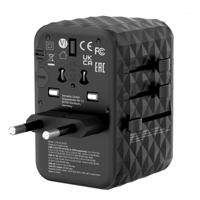 Cestovní adaptér UTA-05 32120 GaN 65W 180 country charger, 2x USB-C, 2x USB-A, PD 65W, QC 4+