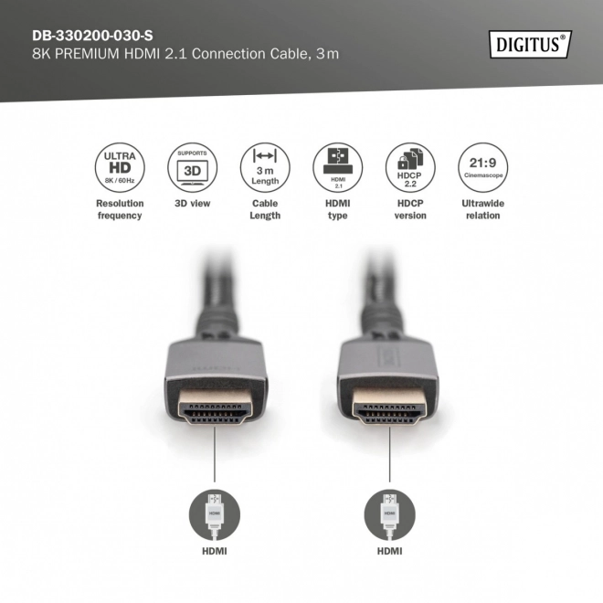 Prémiový kabel HDMI 2.1 Ultra HighSpeed 8K60Hz UHD Connection Type HDMI A/A M/M 3m černý