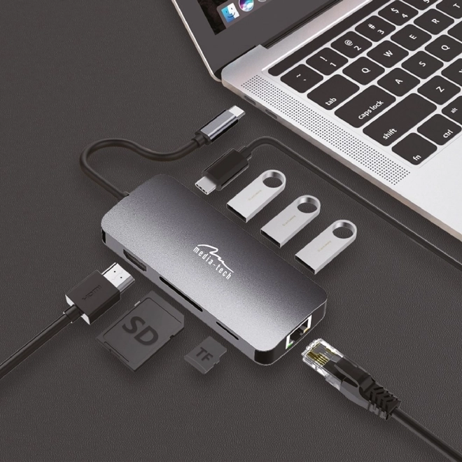 USB-C HUB 8 portů MT5044 3xUSB-A 3.0, 1xUSB-C PD, 1xRJ45, 1xHDMI 4K, 1xSD 1xMicro SD