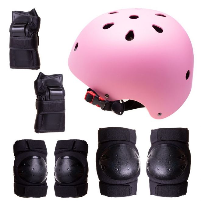 Přilba + chrániče pro jízdu na kolečkových bruslích, skateboardu, kole - růžová a černá, velikost M