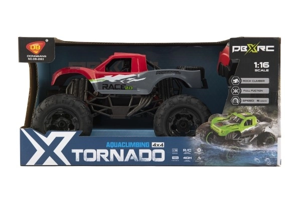 Auto RC terénní 4x4 červené plast 29cm 2,4GHz na baterie + dobíjecí pack v krabici 40x20x22cm