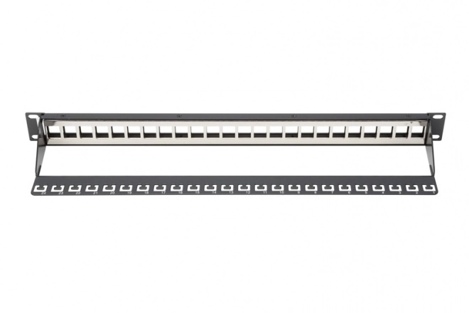 Modulární patch panel 19" 24 portů pro keystone moduly, 1U, stíněný, kabelové vedení, popisová pole, černý