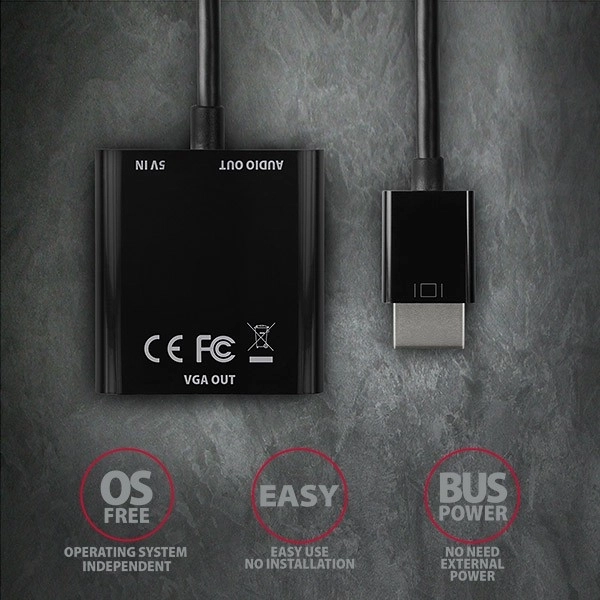 RVH-VGAN Aktivní adaptér HDMI -> VGA FullHD, audio výstup, napájecí konektor micro USB