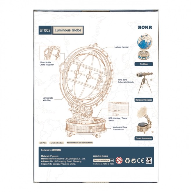 RoboTime 3D dřevěné mechanické puzzle Svítící glóbus