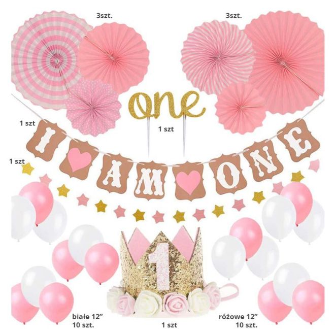Růžová narozeninová sada balónků pro roční holčičku