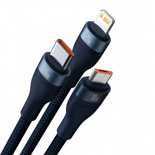 Kabel USB 3v1 Baseus Flash Series 2, USB-C + micro USB + Lightning, 100 W, 1,5 m (modrý)