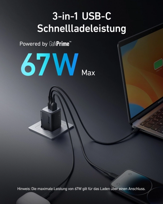 Prime 735 67W 2xUSB-C 1xUSB-A síťová nabíječka Černá