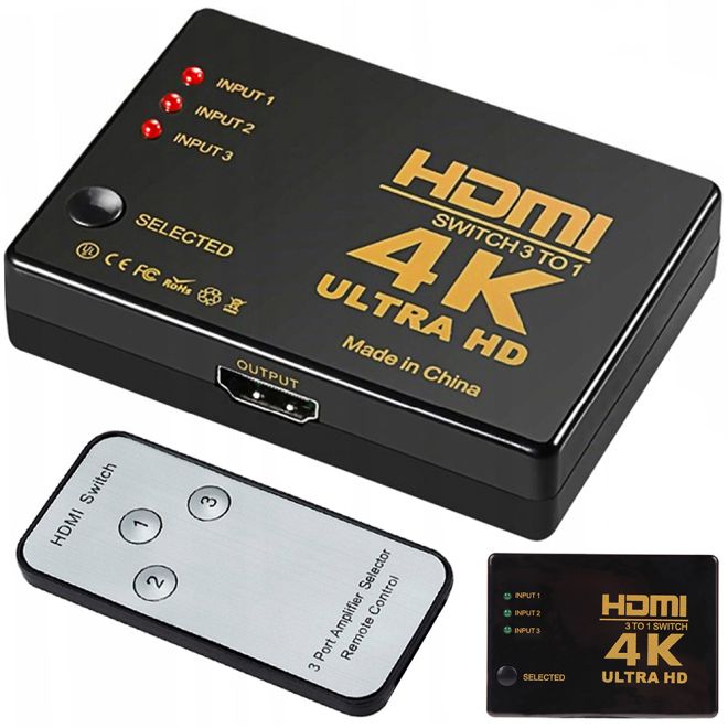 Přepínač rozbočovač 3x na 1 HDMI 4K UHD + dálkové ovládání IR