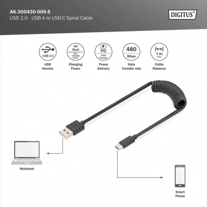 Spirálový kabel USB A/USB C, USB 2.0, PD 60W, max. 1m Černá