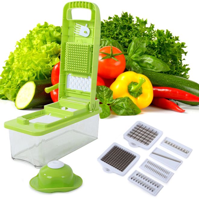 Zeleno-bílý multifunkční kráječ s nádobou na ovoce a zeleninu