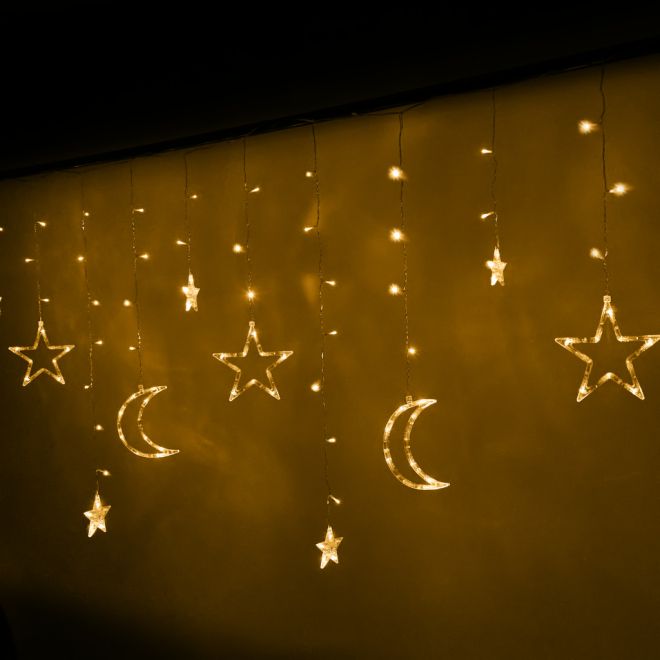 LED teplý bílý závěs s hvězdičkami a měsíčky - 2,5 m, 138 LED