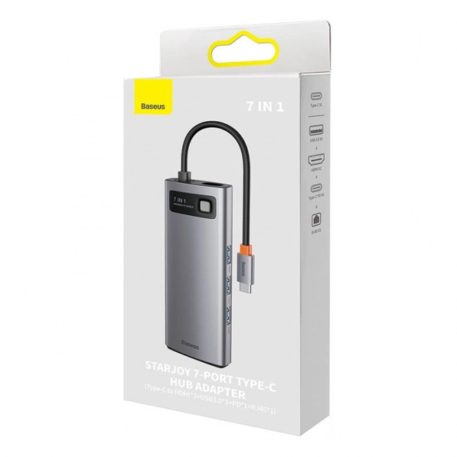 Rozbočovač 7v1 Baseus řady Metal Gleam, USB-C na 3x USB 3.0 + 2x HDMI + USB-C PD + Ethernet RJ45