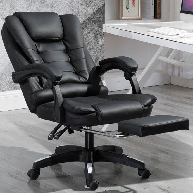 Otočná kancelářská židle BUSINESS s masážním přístrojem a podnožkou, kůže - černá