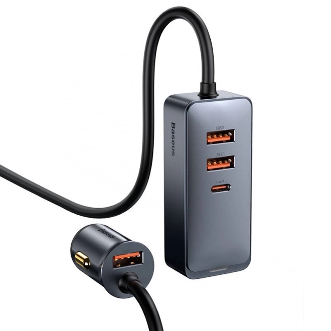 Nabíječka do auta Baseus Share Together s prodlužovacím kabelem, 3x USB, USB-C, 120W (šedá)