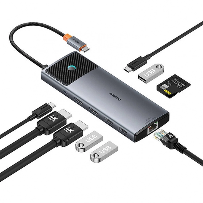 Adaptér Hub 10v1 Baseus 2x HDMI, USB-C, 3xUSB-A+RJ45+SD/TF, PD (šedý)