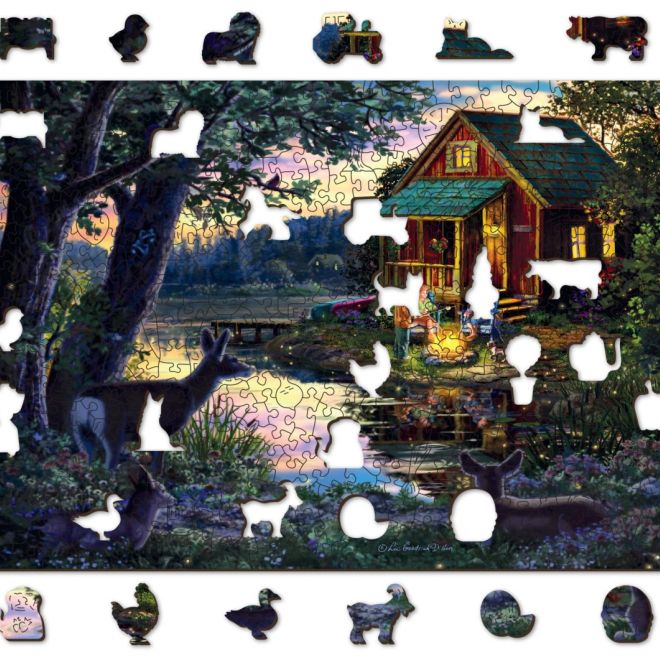Wooden City Dřevěné puzzle Večer v domě u jezera 2v1, 505 dílků EKO