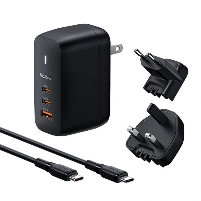 Nabíječka McDodo s adaptéry UK/US/EU, 2x USB-C + USB-A, USB-C kabel 2m, 65W černá