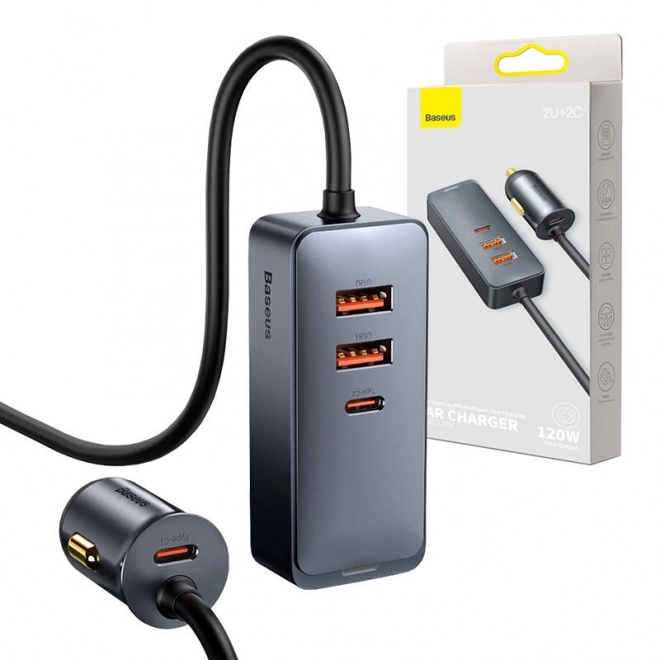 Nabíječka do auta Baseus Share Together s prodlužovacím kabelem, 2x USB, 2x USB-C, 120 W (šedá)