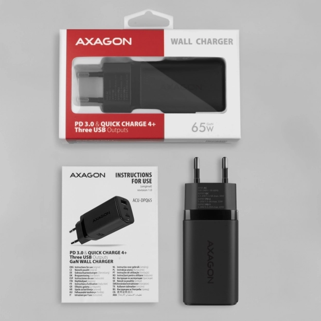 ACU-DPQ65 síťová nabíječka, GaN 65W, 3x port (USB-A + duální USB-C), PD3.0/QC4+/PPS/Apple, černá