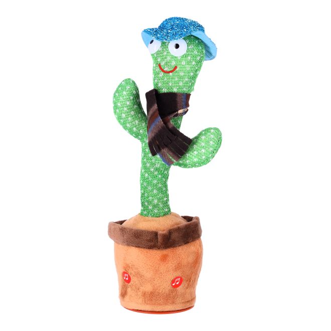 Dětská hračka - Tančící kaktus - s kostkovanou šálou a modrým kloboukem