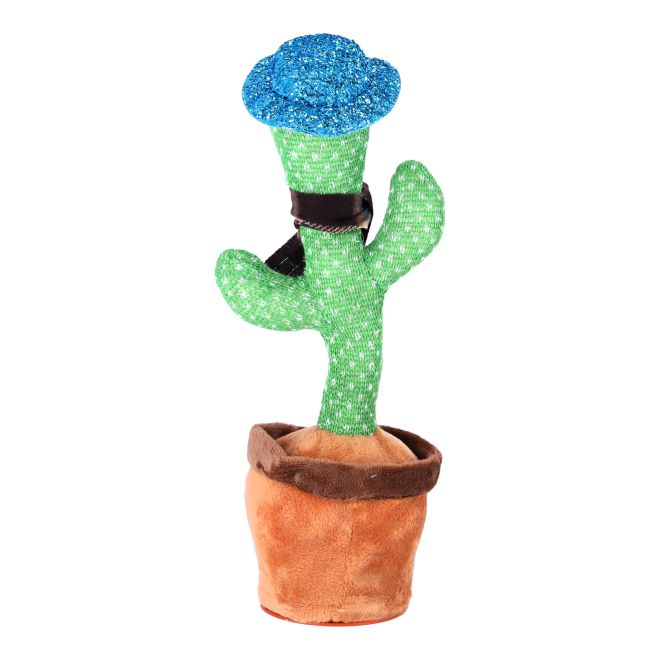 Dětská hračka - Tančící kaktus - s kostkovanou šálou a modrým kloboukem