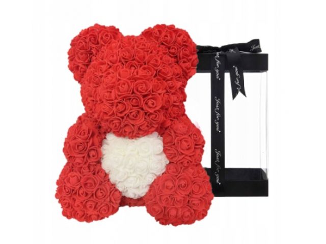 Valentýnský červený medvídek se srdcem z růží - 25 cm