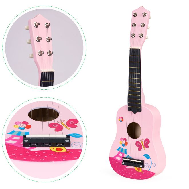 Dětská dřevěná kytara, kovové struny, růžová ECOTOYS