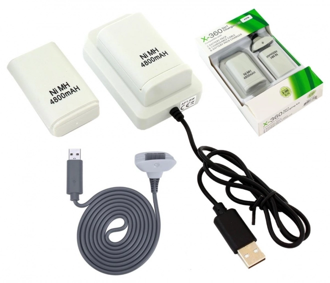 KX7B 2x XBOX 360 BATERIE USB KABEL BÍLÝ