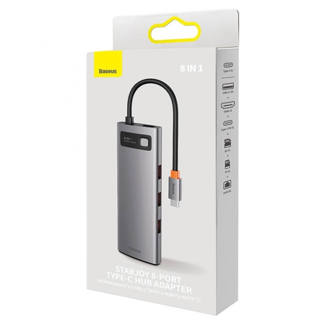 Rozbočovač 8v1 Baseus řady StarJoy, USB-C na 3x USB 3.1 + HDMI + USB-C PD + RJ45 + microSD/SD