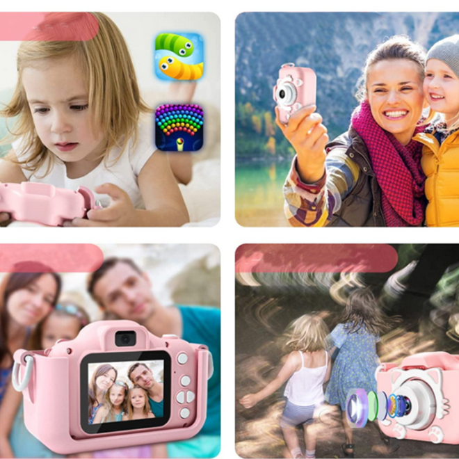 Růžový digitální fotoaparát pro děti s hrami - kočka