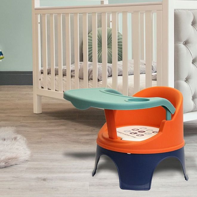 Přenosná dětská židlička na krmení a hraní - oranžová a námořnická modř