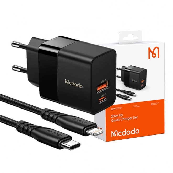 Nástěnná nabíječka Mcdodo CH-1952 USB + USB-C, 20W + kabel USB-C na Lightning (černá)