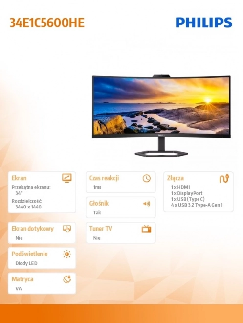 Monitor 34 palců 34E1C5600HE VA HDMI DP USB-C MÁ kameru Reproduktory