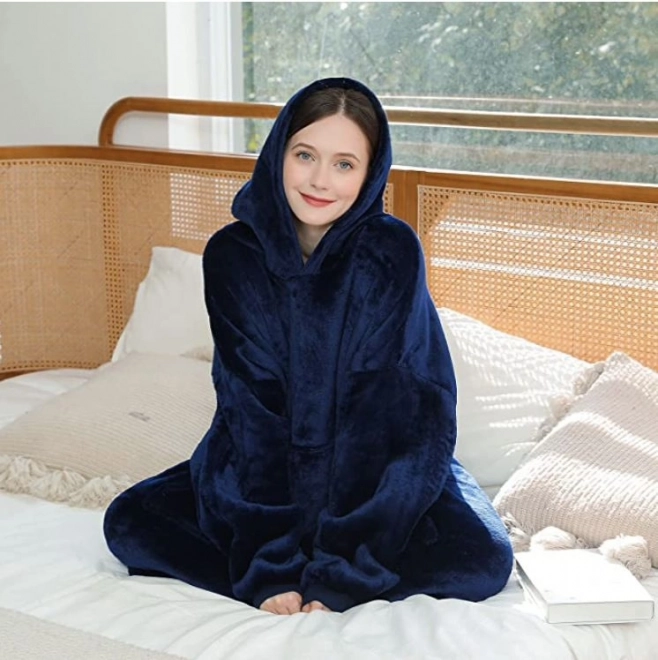 Teplá mikina 4 v 1 Oversize, fleecová mikina Blanket - tmavě modrá