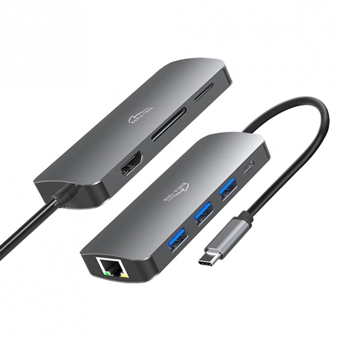 USB-C HUB 8 portů MT5044 3xUSB-A 3.0, 1xUSB-C PD, 1xRJ45, 1xHDMI 4K, 1xSD 1xMicro SD