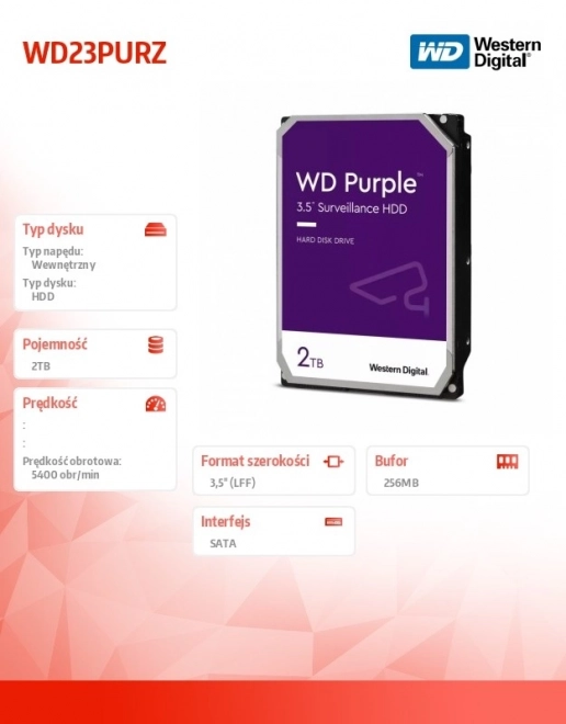 Pevný disk WD Purple 2TB 3,5 256 MB 5400RPM WD23PURZ