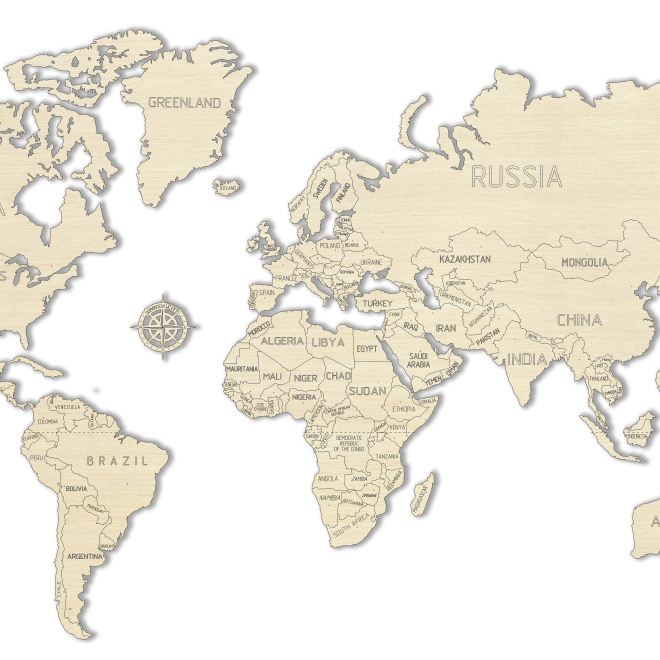 Dřevěná mapa světa na zeď 3D, velikost L - přírodní barva