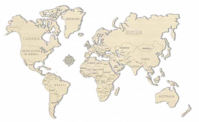 Dřevěná mapa světa na zeď 3D, velikost L - přírodní barva