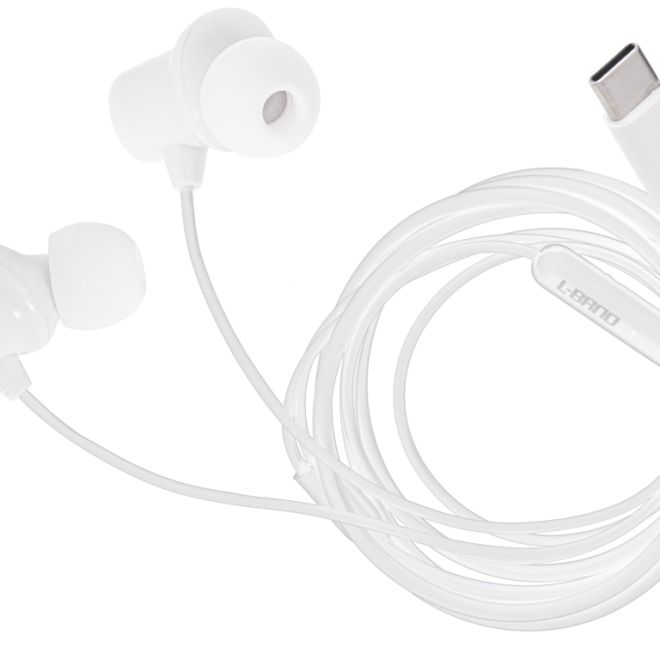 Bílá drátová sluchátka do uší s mikrofonem typ c EP42
