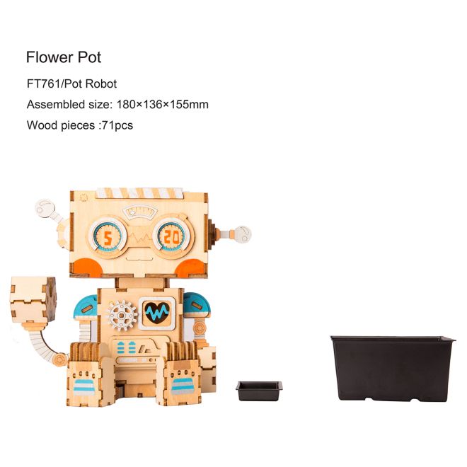 RoboTime dřevěné 3D puzzle Květináč robůtek