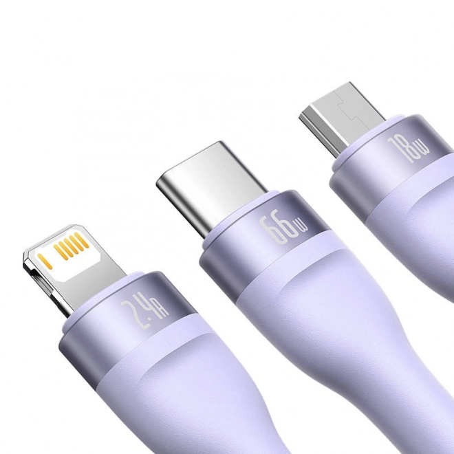 Kabel USB 3v1 řady Baseus Flash II, USB-C + micro USB + Lightning, 66 W, 1,2 m (fialový)