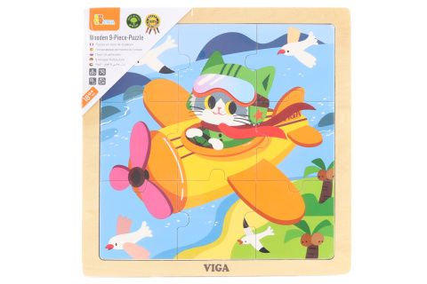 Dřevěné puzzle 9 dílků - letadlo s kočičkou