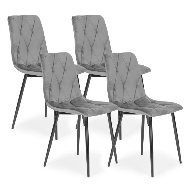 Sada 4 prošívaných sametových židlí do jídelny a obývacího pokoje - šedá barva