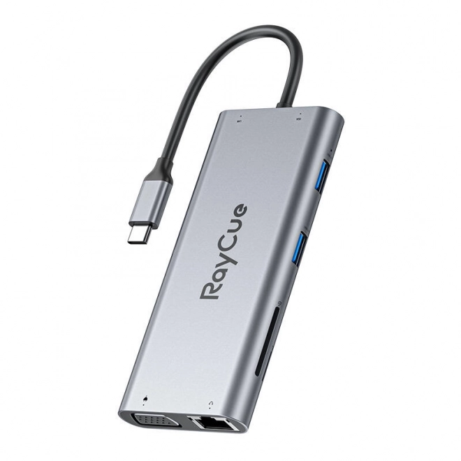 RayCue USB-C na 2x USB-A 2.0 480Mbps + 3x USB-A 3.2 5Gbps + SD/TF 3.0 + HDMI 4K30Hz + VGA 1080p + RJ45 + PD 3.0 100W Hub 11w1 (sary)