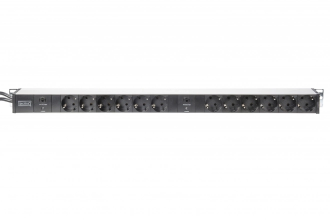 Napájecí lišta PDU 19" RACK, 12x zásuvka Schuko, 2x 2m zástrčka Unischuko, 16A, ochrana proti přetížení, hliníkový profil