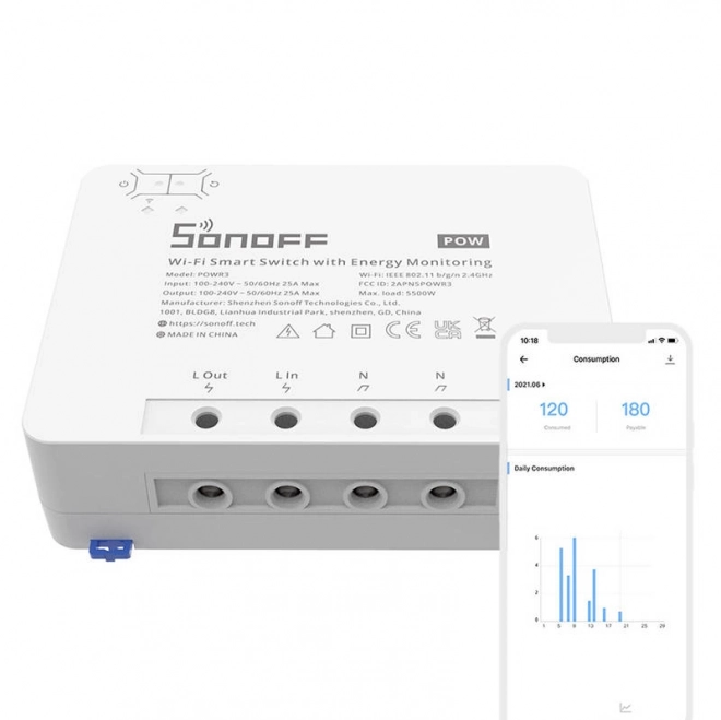 Chytrý vypínač Wi-Fi s monitorováním spotřeby energie Sonoff POWR3 (25A/5500W)