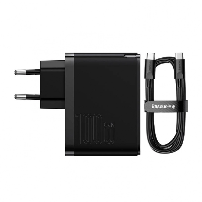 Nástěnná nabíječka Baseus GaN USB-C + USB, 100 W + 1m kabel (černá)