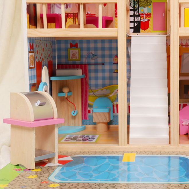Dřevěný domeček pro panenky, nábytek, bazén + osvětlení ECOTOYS