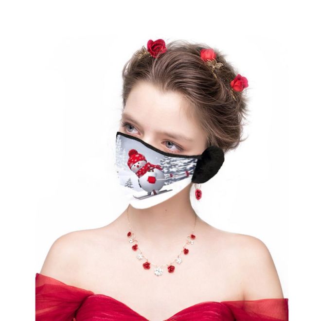 Vánoční maska / maska na obličej s chrániči sluchu - sněhulák II